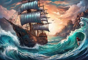 mermaid swimming next to a ghost ship tattoo idea