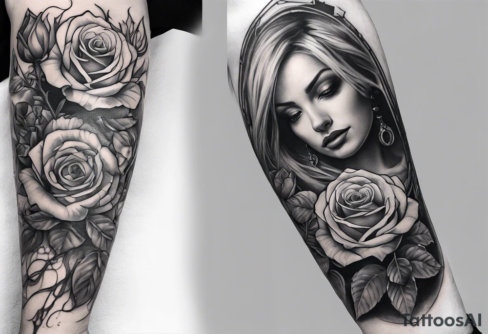 fool sleeve, old broken gothic home, broken sword, roses tattoo idea