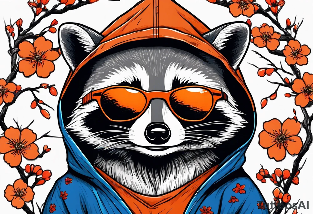 raccoon wearing a Superman hoodie with orange Japanese cherry blossoms tattoo idea