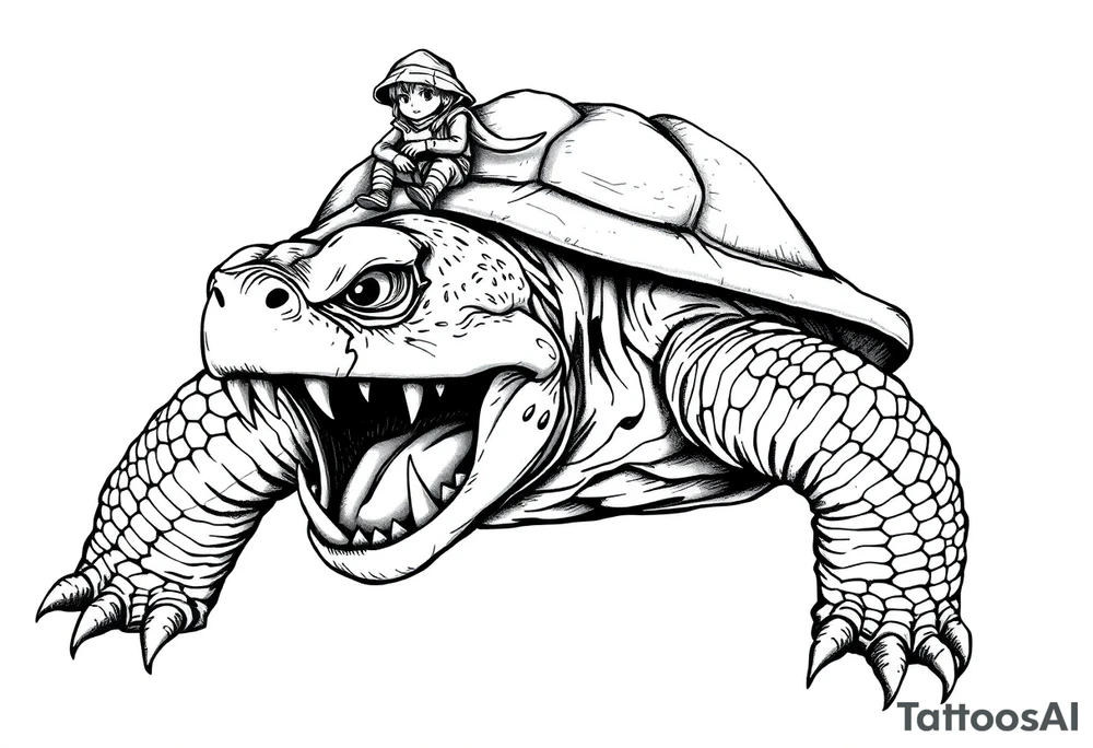 powerful and angry turtle with huge teeth and a tiny hobbit like person riding on the back tattoo idea
