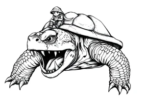 powerful and angry turtle with huge teeth and a tiny hobbit like person riding on the back tattoo idea