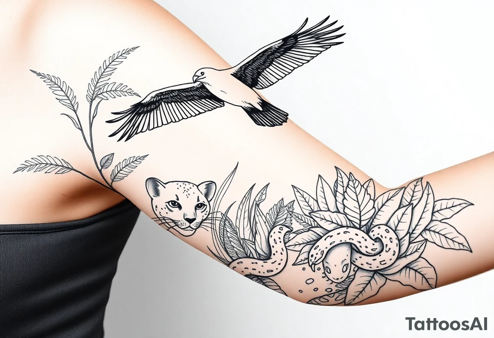 Fine line tattoo: silhouette of an Andean condor flying above Amazon rainforest, amongst the tropical foliage is a puma hiding with only its face exposed, towards the floor of the rainforest is a snake, also mostly hidden behind plants but its head and parts of its body are exposed. tattoo idea
