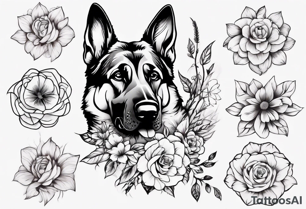 German Shepherd on a flower background tattoo idea
