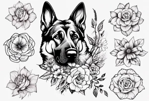 German Shepherd on a flower background tattoo idea