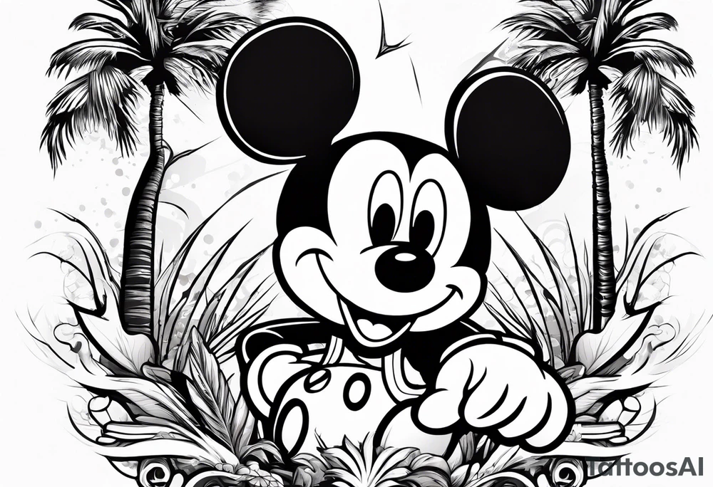 mickey mouse holding lightning with palm trees doing martial arts tattoo idea
