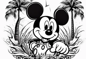 mickey mouse holding lightning with palm trees doing martial arts tattoo idea