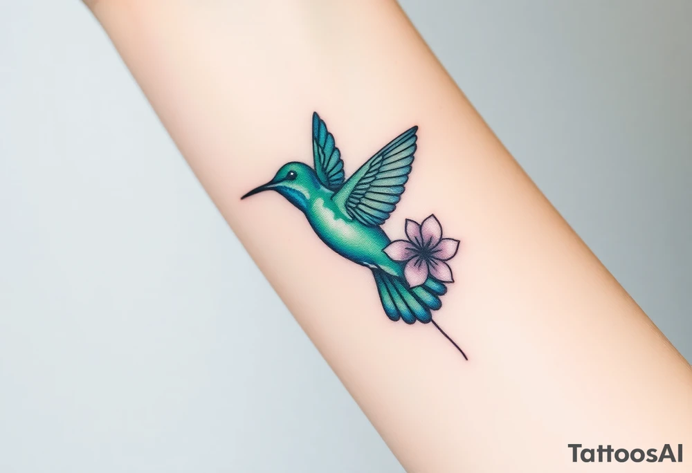 A hummingbird in iridescent green and blue shades, hovering near a blossoming flower, embodying endurance and positivity tattoo idea