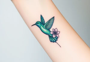 A hummingbird in iridescent green and blue shades, hovering near a blossoming flower, embodying endurance and positivity tattoo idea