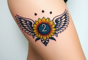 tattoo design incorporating a 2 of clubs, sunflower, wings, or halo tattoo idea