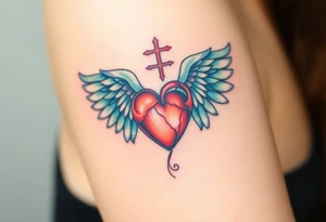 dainty catholic sacred heart with angel wings tattoo idea