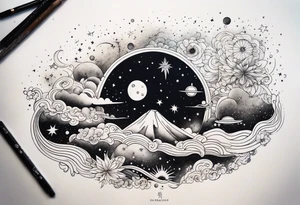 Eerie Celestial Galaxy scene with beautiful details of gas stars and space tattoo idea