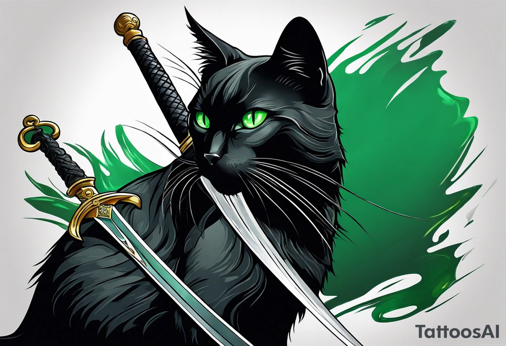 Black cat with green eyes hissing with its tail wrapped around the hilt of a sword tattoo idea