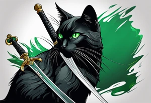 Black cat with green eyes hissing with its tail wrapped around the hilt of a sword tattoo idea