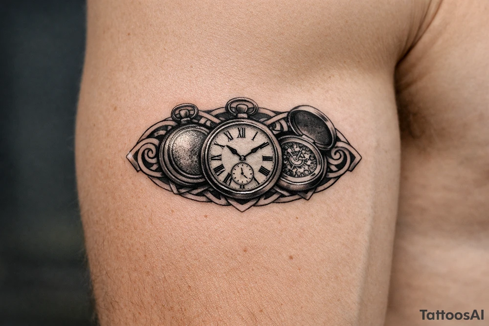 A trio of pocket watches, open and closed, framed by Celtic spirals. larger tattoo idea