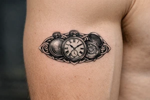 A trio of pocket watches, open and closed, framed by Celtic spirals. larger tattoo idea