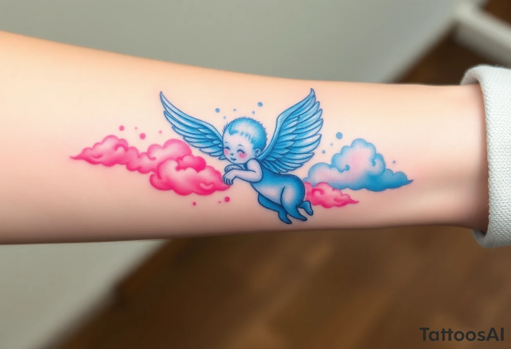 Winged baby, blue and pink watercolor, clouds tattoo idea