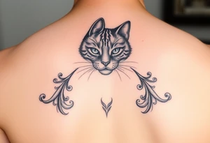 faça uma tatuagem vertical para costas feminina delicada, contendo gato preto, prosperidade, família, espiritualidade e amor tattoo idea