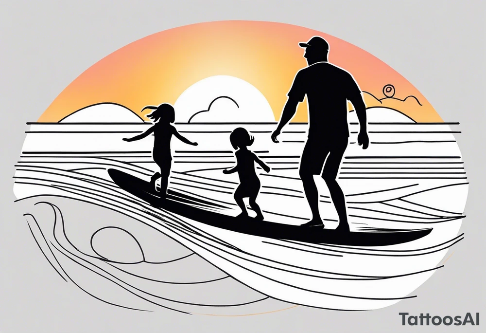 Black and white Line work tattoo depicting a father surfing with his two daughters.  The sunset and horizon have musical notes. tattoo idea
