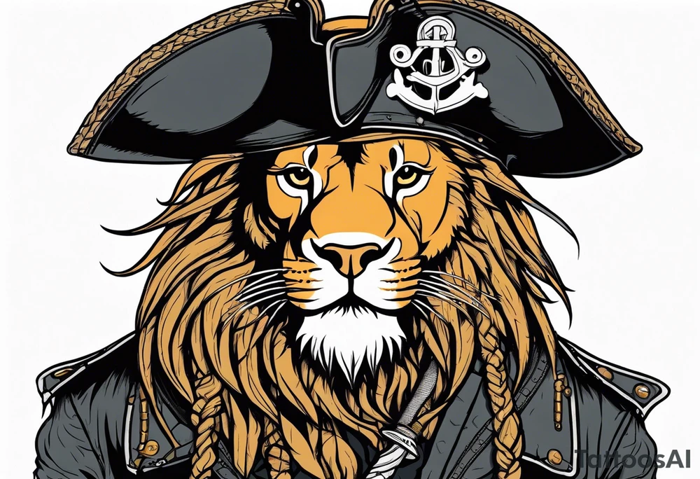 Pirate lion wearing jacket, sword and pistol, nautical steampunk theme. dreadlocks. tattoo idea