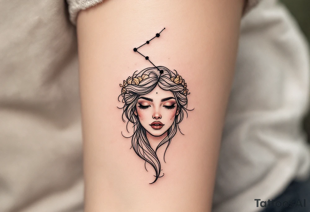 A minimal Virgo constellation in jet black connects above a fine-line portrait of the Virgo zodiac symbol in bronze. tattoo idea
