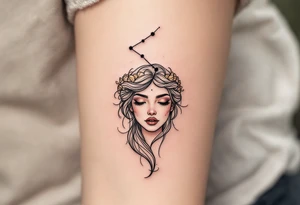 A minimal Virgo constellation in jet black connects above a fine-line portrait of the Virgo zodiac symbol in bronze. tattoo idea