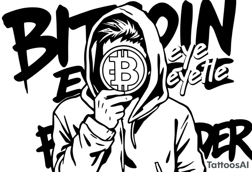 Create a custom tattoo stencil Use a street-art / pop-art vibe with a cartoon figure holding a bitcoin to cover his eyes have bold lines, “x” for eyes. make them have on a hoodie and jogger sweatpants have in the background in graffiti letters “bitcoin is in the eye of the beholder” tattoo idea