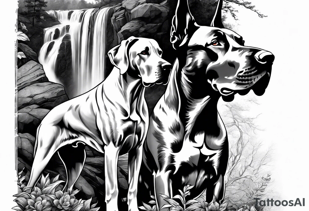 Arm sleeve with four Great Danes in front of waterfall tattoo idea
