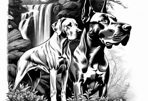 Arm sleeve with four Great Danes in front of waterfall tattoo idea