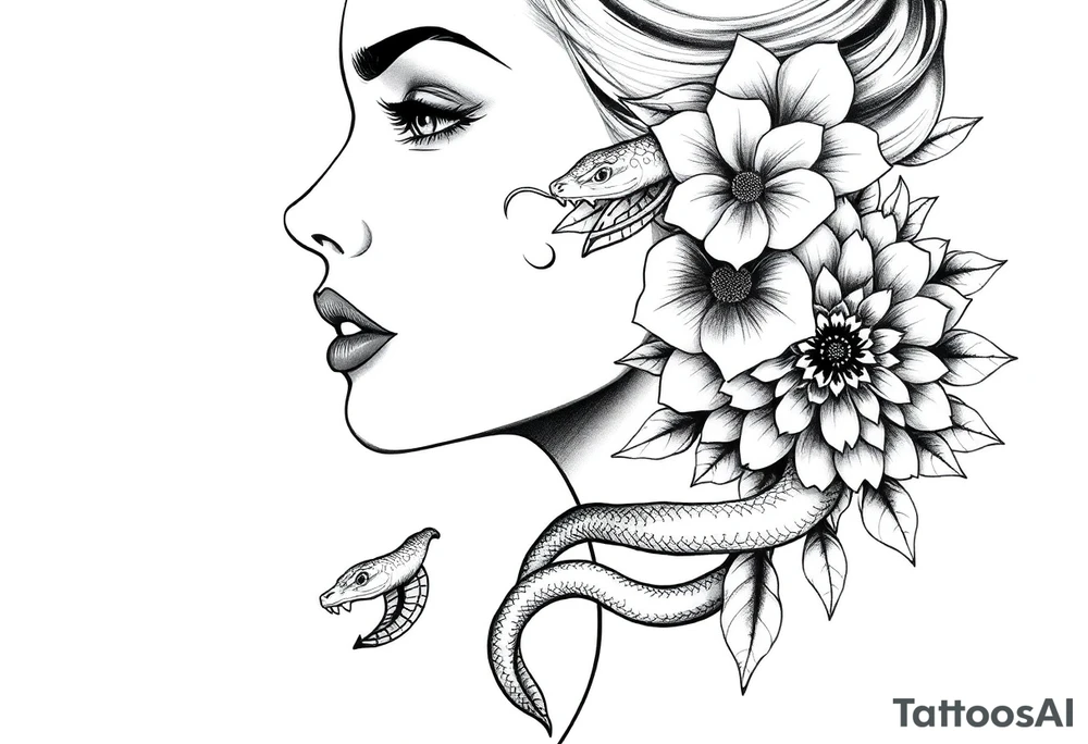Powerful side profile woman’s face with flowers
And snakes heads and mandala tattoo idea