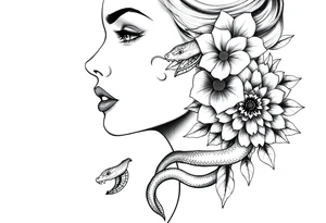 Powerful side profile woman’s face with flowers
And snakes heads and mandala tattoo idea