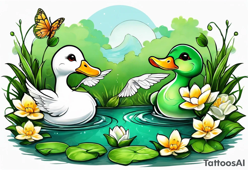 A white Duck a green toad and a moth playing together in a pond tattoo idea