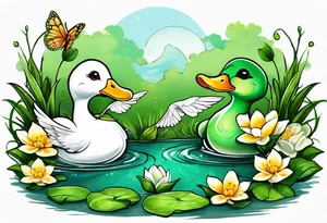 A white Duck a green toad and a moth playing together in a pond tattoo idea