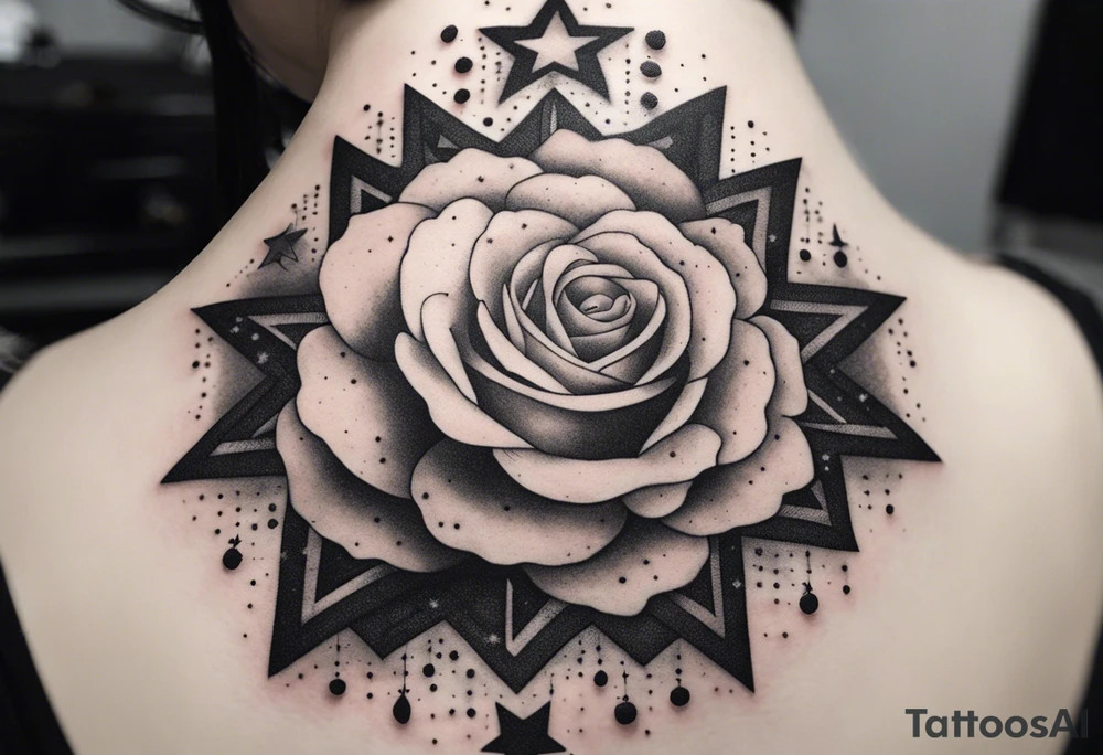Tesseract with clouds small roses and stars around it tattoo idea