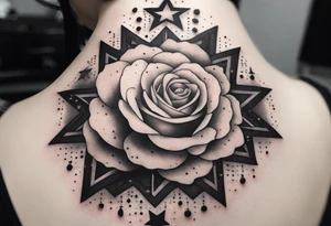 Tesseract with clouds small roses and stars around it tattoo idea