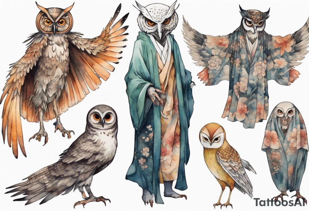 creature in an ancient robe wearing an owl mask walking in a forest with long thin legs, the feet of a bird, and wings instead of arms tattoo idea
