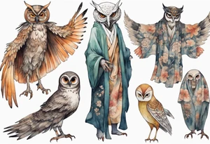 creature in an ancient robe wearing an owl mask walking in a forest with long thin legs, the feet of a bird, and wings instead of arms tattoo idea