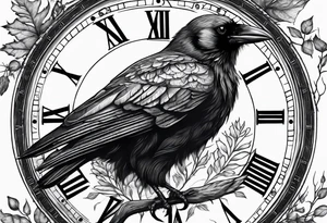 crow looking back twisted neck inside a old clock with pointers and markers being a forest tattoo idea