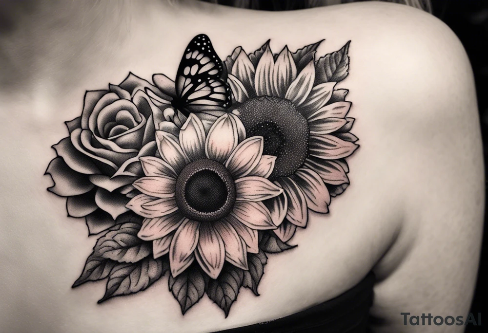 Flowers, surf, roadtrip, vanlife, rainbow, sunflower, rose, butterfly tattoo idea