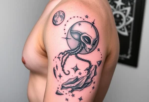 Lower arm sleeve, outer space, planets, geometry, string theory, alien on fore arm tattoo idea