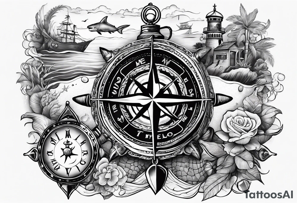 Nautical theme leg tattoo with shark, turtle, treasure map, compass, octopus, bell diver tattoo idea