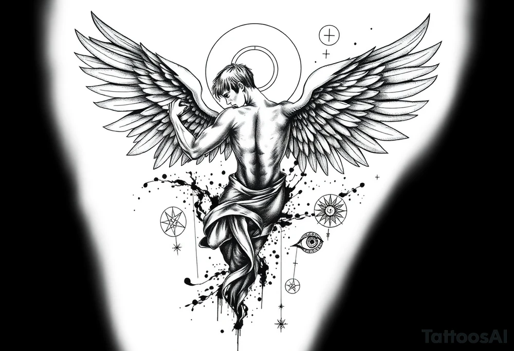 Highly detailed black and white tattoo design for forearm placement, allowing future extension into a full sleeve. Depict a dramatic surreal composition with a muscular male or androgynous angel in dynamic motion, large detailed wings partly torn or dissolving into abstract ink splashes, mixed with one demonic wing, surrounded by fine sacred geometry lines and circles, mythological and symbolic elements inspired by Icarus and Prometheus. Integrate fragmented body parts effect, thin minimal linework mixed with fine sketch shading, surreal horror accents like abstract dripping eyes, occult and alchemical symbols, black ink smoke, and thin composition lines connecting elements. High contrast, clean outlines, artistic etching style blended with minimal modern tattoo aesthetics, no background. tattoo idea