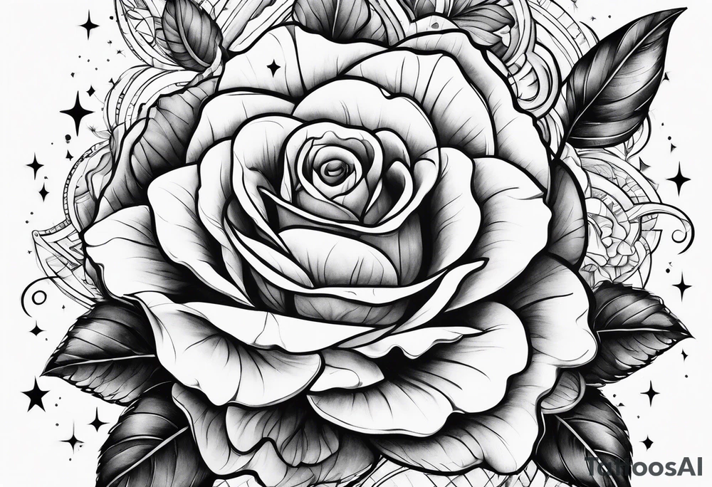 Tesseract with big roses and small stars around it tattoo idea