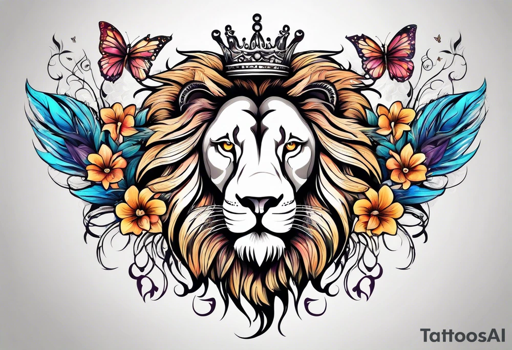 lion mane made of feathers covered in lilies and butterflies crown tattoo idea