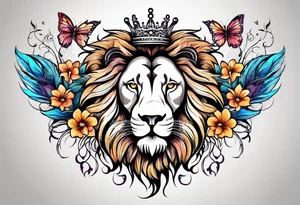 lion mane made of feathers covered in lilies and butterflies crown tattoo idea