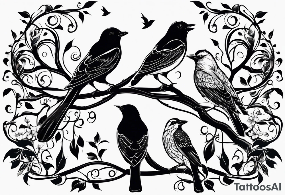 family tree with 6 black birds and cadinal tattoo idea