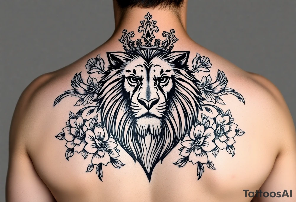 powerful majestic lion with a crown, surrounded by floral ornaments and birds tattoo idea