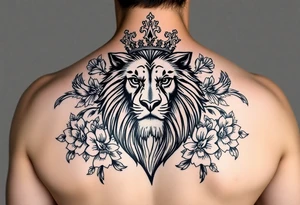 powerful majestic lion with a crown, surrounded by floral ornaments and birds tattoo idea