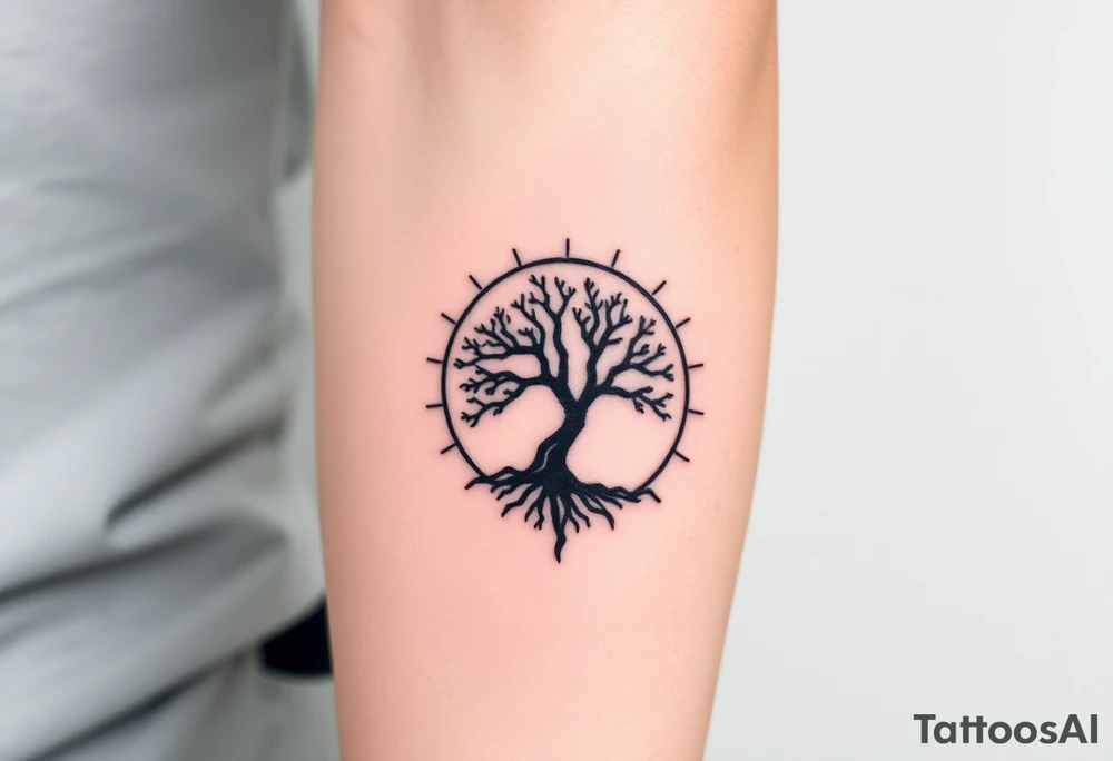 Tree inside of a spiral moving sun tattoo idea