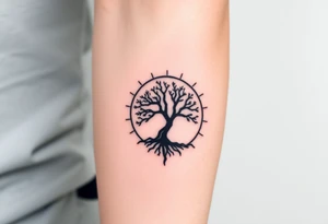 Tree inside of a spiral moving sun tattoo idea