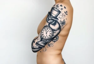 alice in womderland the chestire cat mad hatter and clock tattoo idea